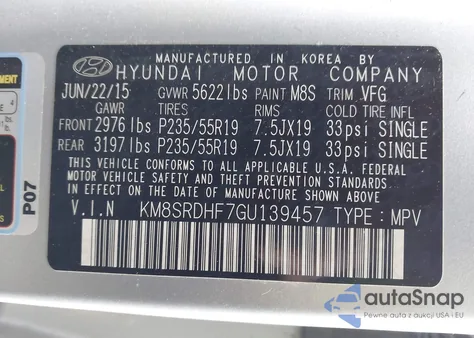 2016 Hyundai Santa Fe Limited from USA, damaged, VIN KM8SRDHF7GU139457